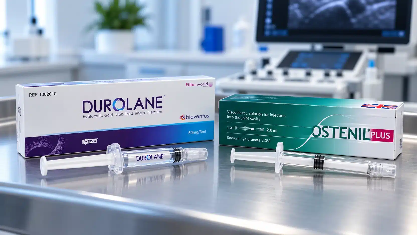 Ultrasound-guided hyaluronic acid injection for knee osteoarthritis to improve joint lubrication, mobility and pain relief.