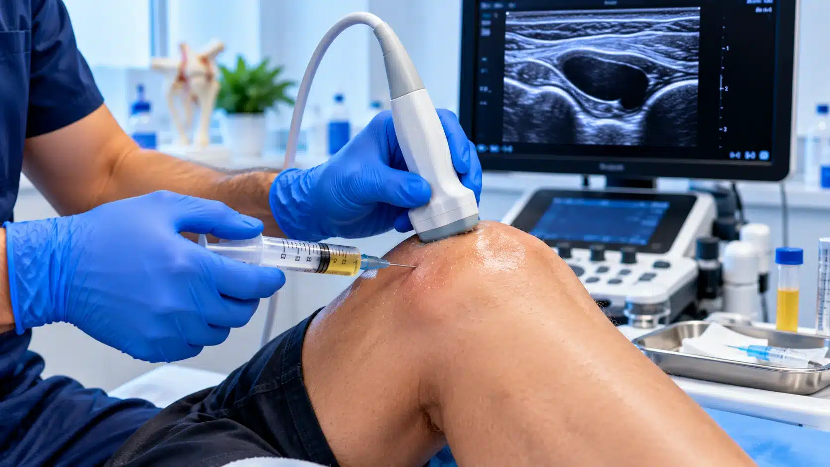Ultrasound-guided joint aspiration procedure performed to remove excess fluid from a swollen joint.