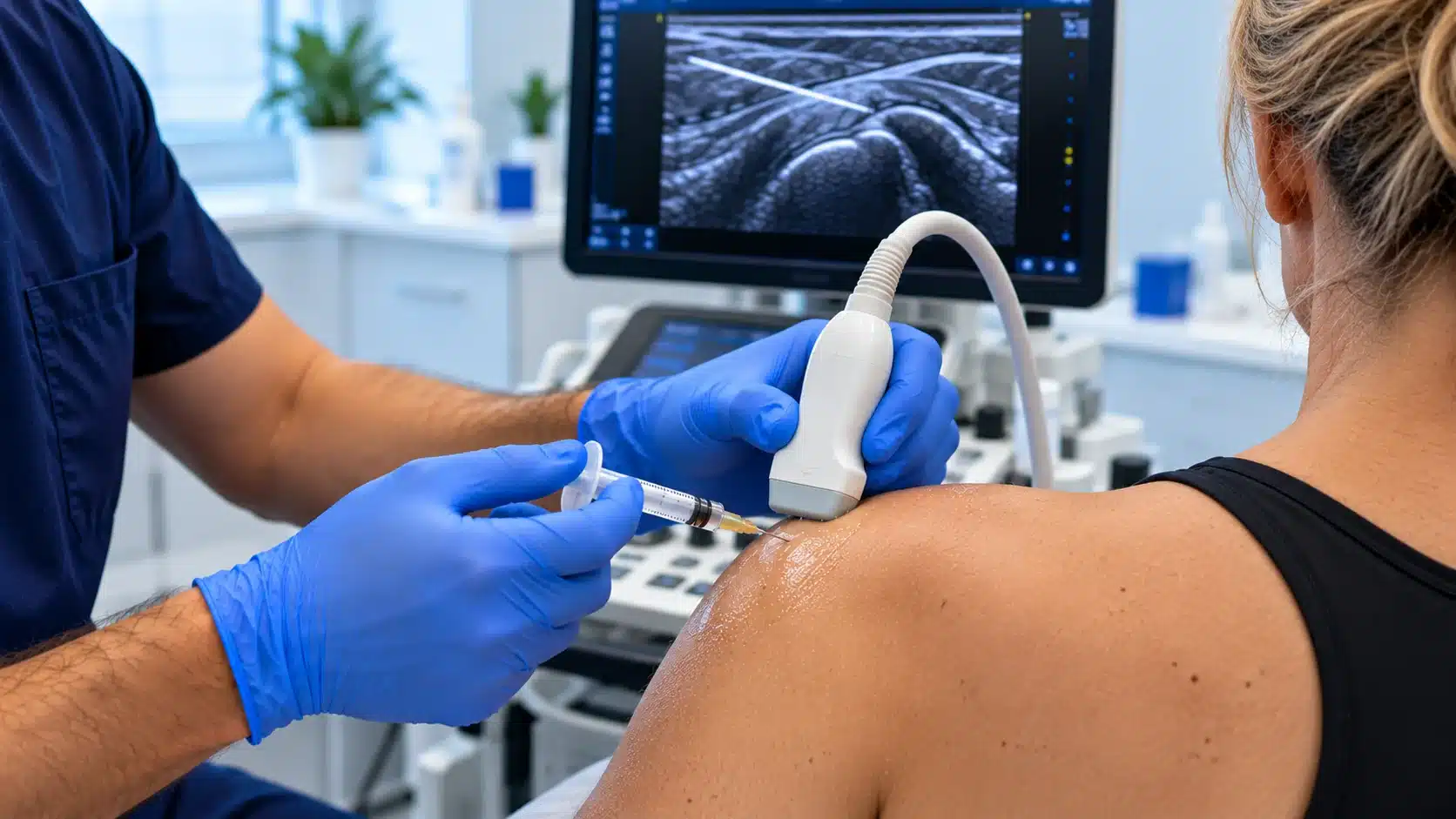 Ultrasound-guided hydrodilatation treatment for frozen shoulder to improve shoulder movement and reduce pain.