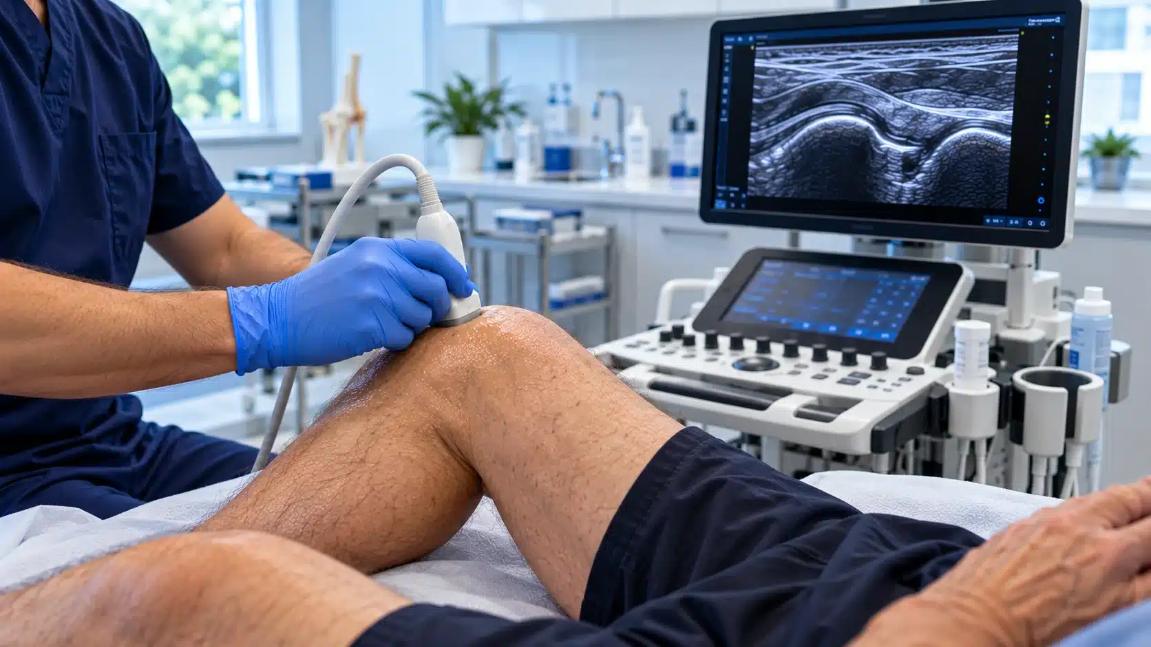Musculoskeletal ultrasound scan of the knee performed in a specialist MSK clinic for the assessment of joint, tendon and soft tissue conditions.